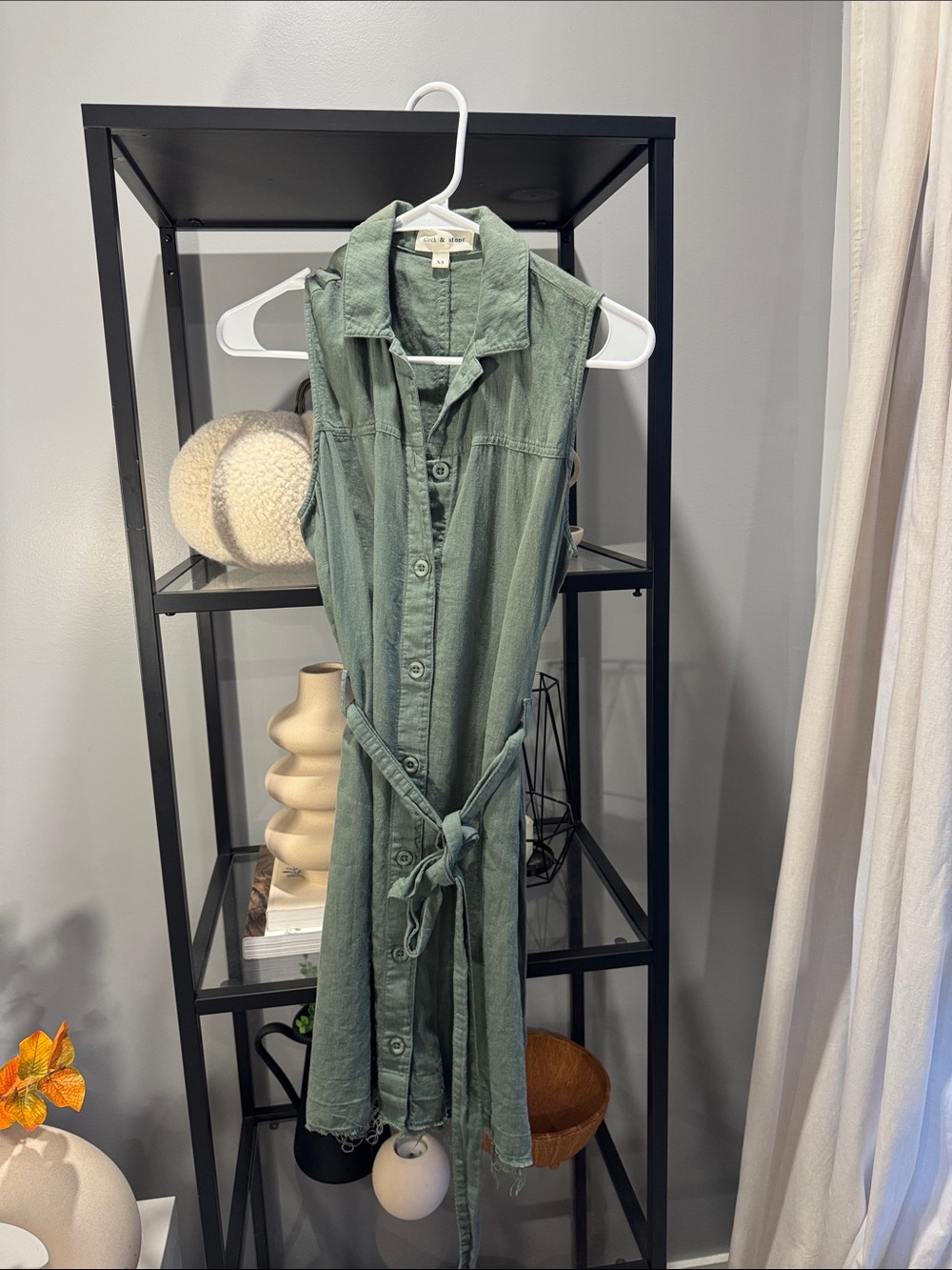 002.Sleeveless Button-Front Shirt Dress in Sage Green